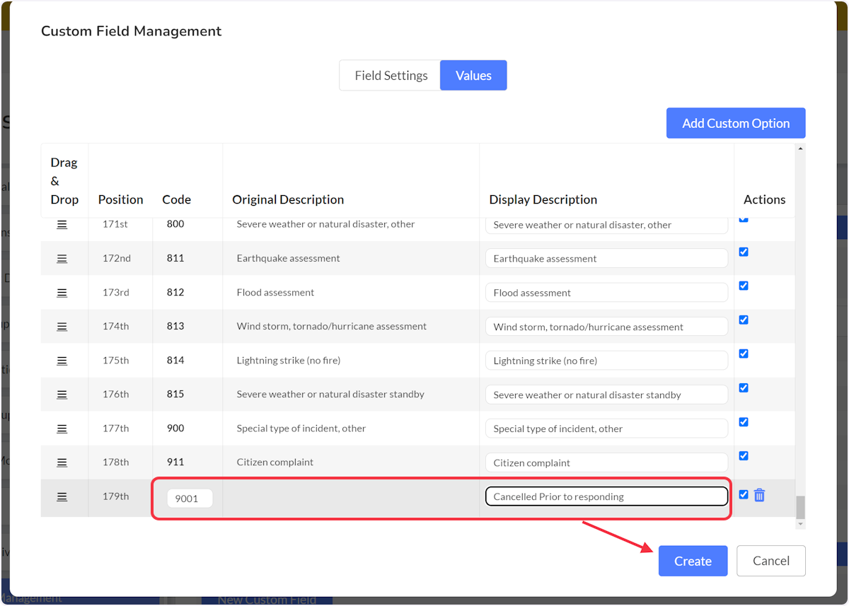 Now type in the new Plus One Code along with a Description to be displayed then select Create.		 