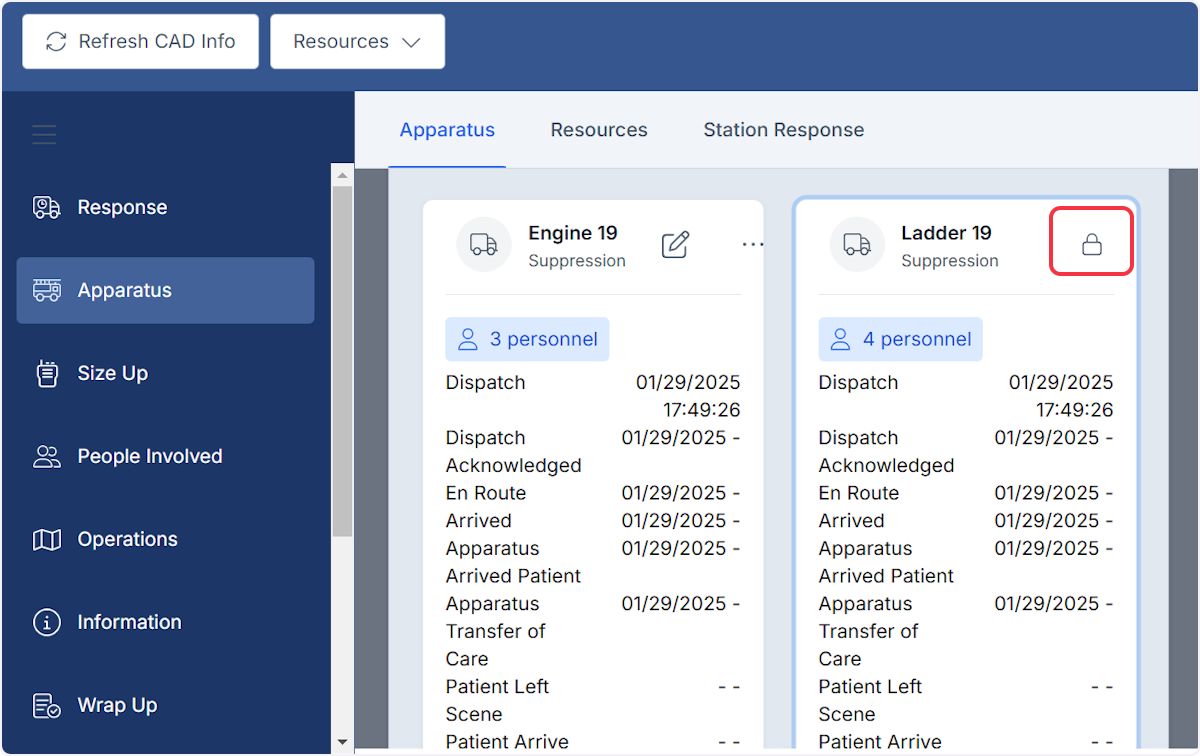 You are able to manage any apparatus that was dispatched to that incident.
