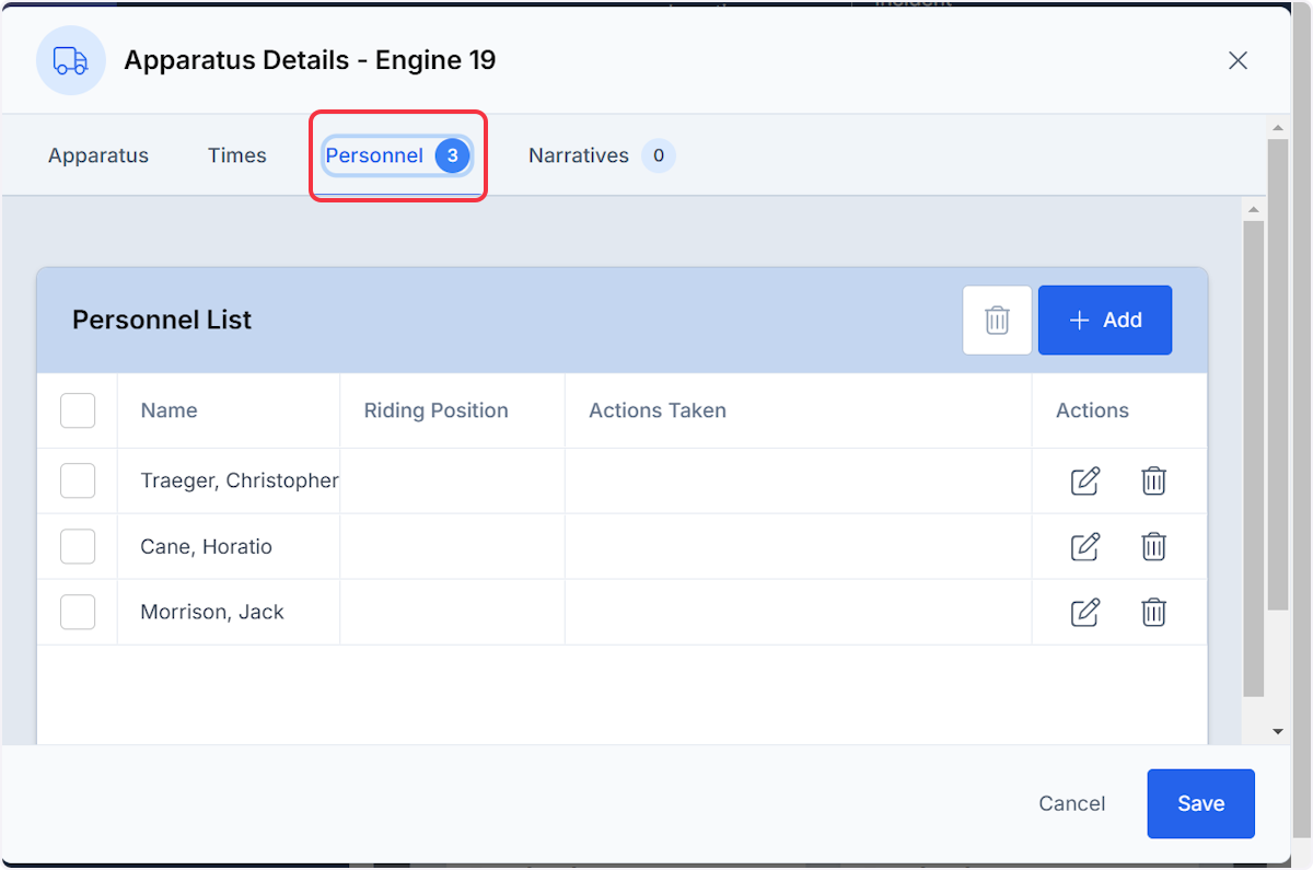 From the Personnel tab you are able to add personnel along with editing or deleting any personnel.