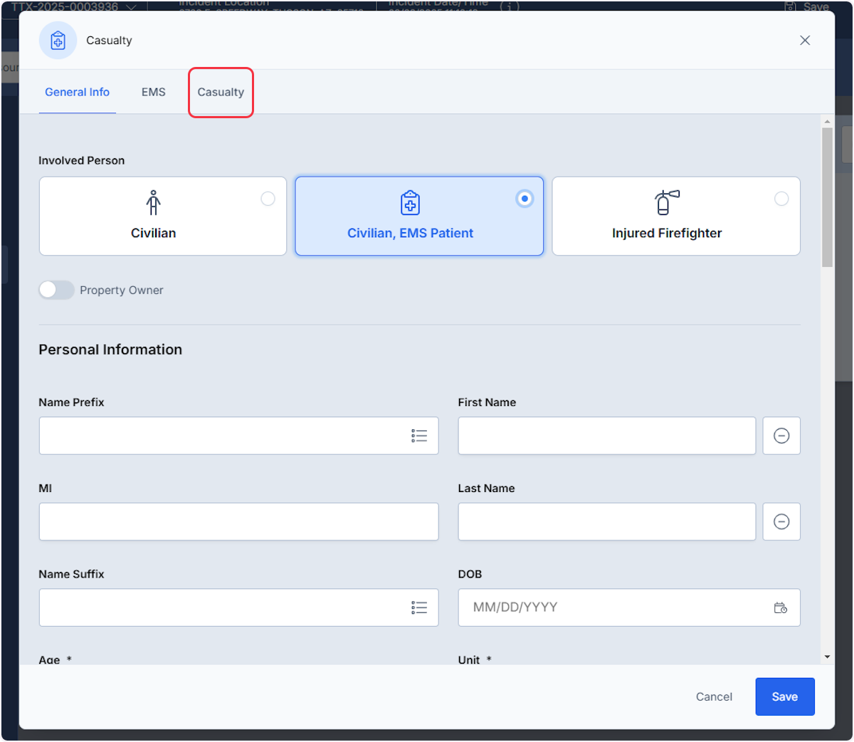 To document civilian casualties select on the Casualty tab, this will only be enabled to select for fire-related incident types 100-199.