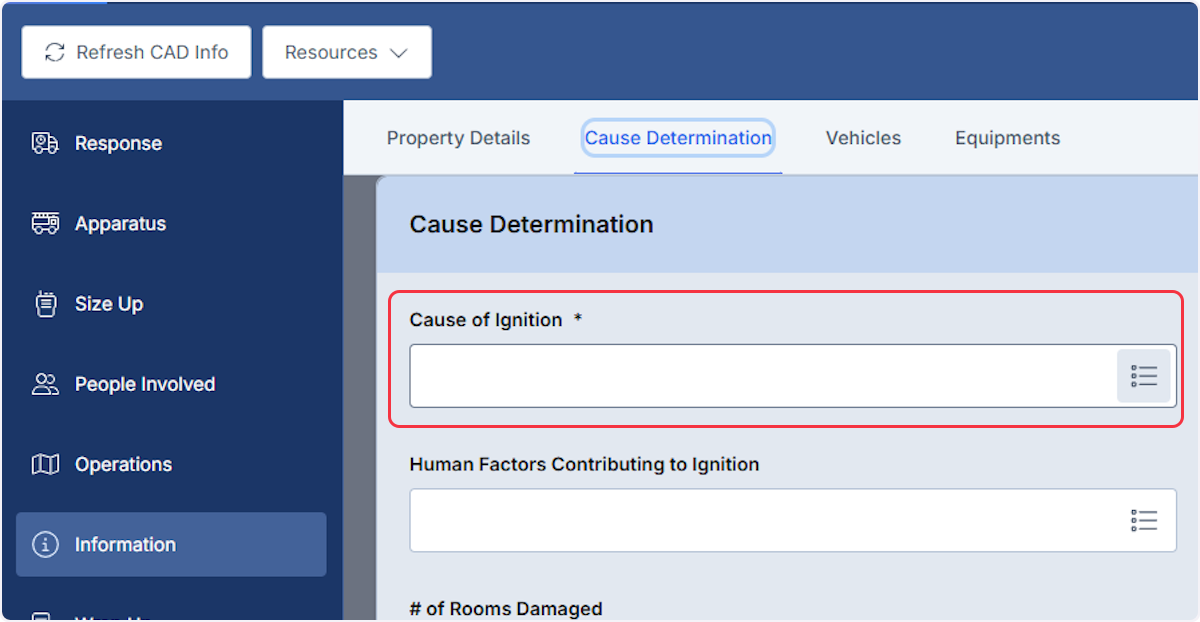 There are two ways to search the Cause of Ignition, the list view or using the dropdown.