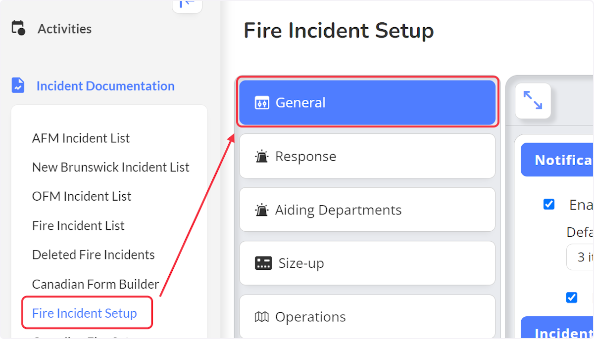 From the Fire Incident Setup within Incident Documentation select the General category.