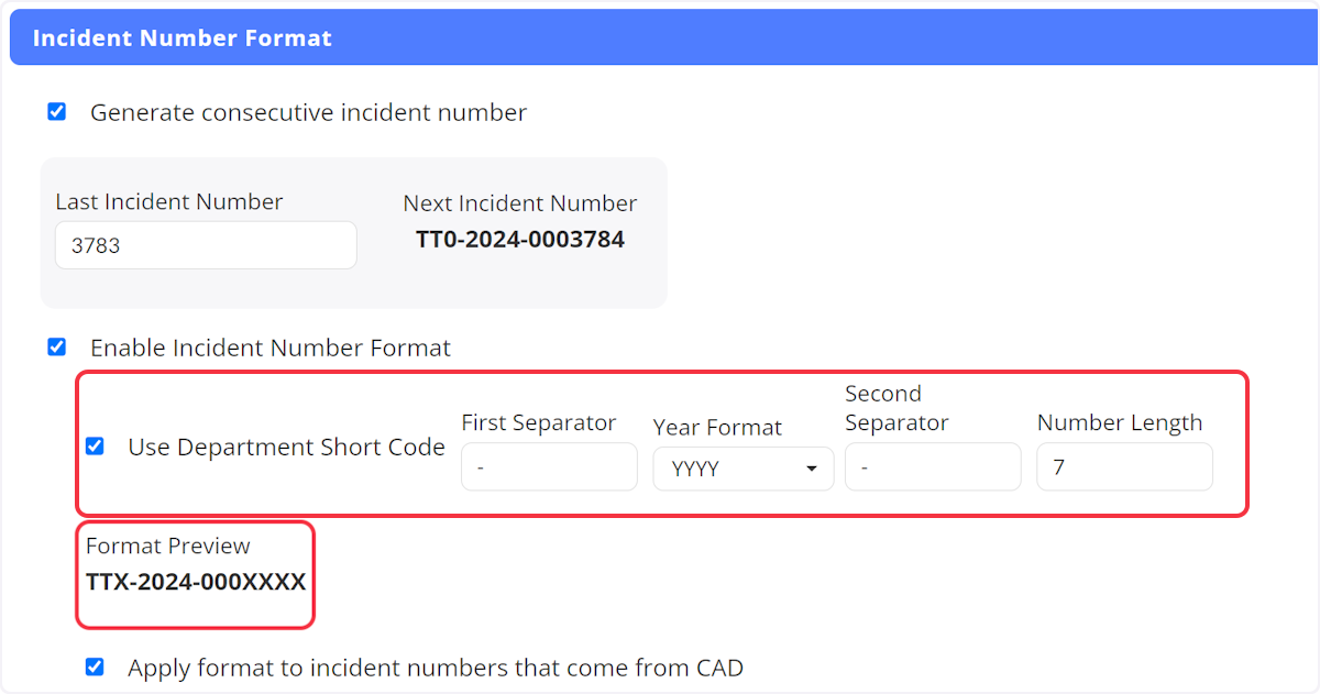 When enabled your incident numbers will begin will your departments short code rather that the year format.