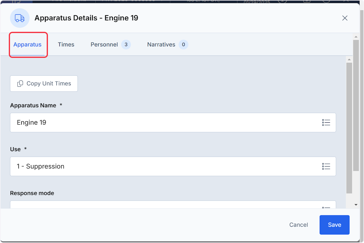 From the Apparatus Details page there are four tabs across the top, Apparatus, Times, Personnel and Narrative.
