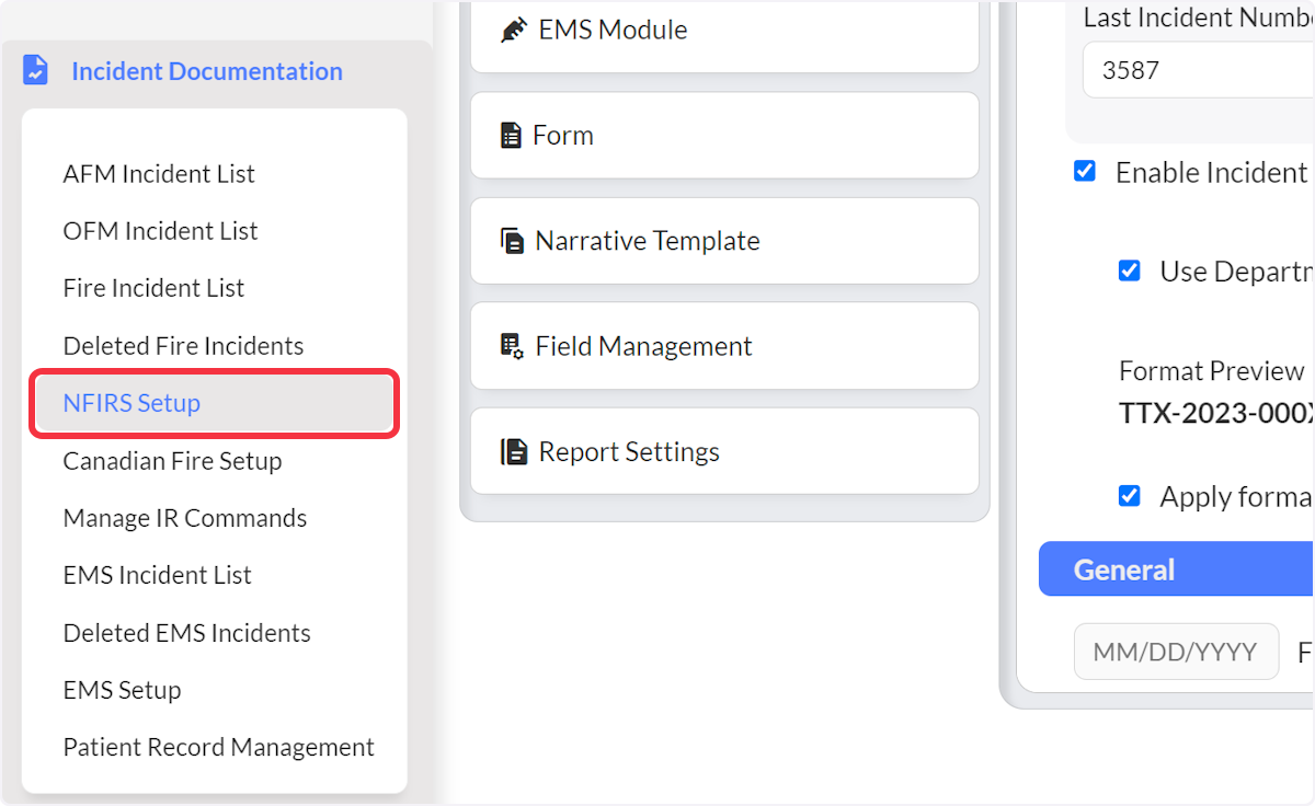 Navigate to Incident Documentation and select NFIRS Setup.