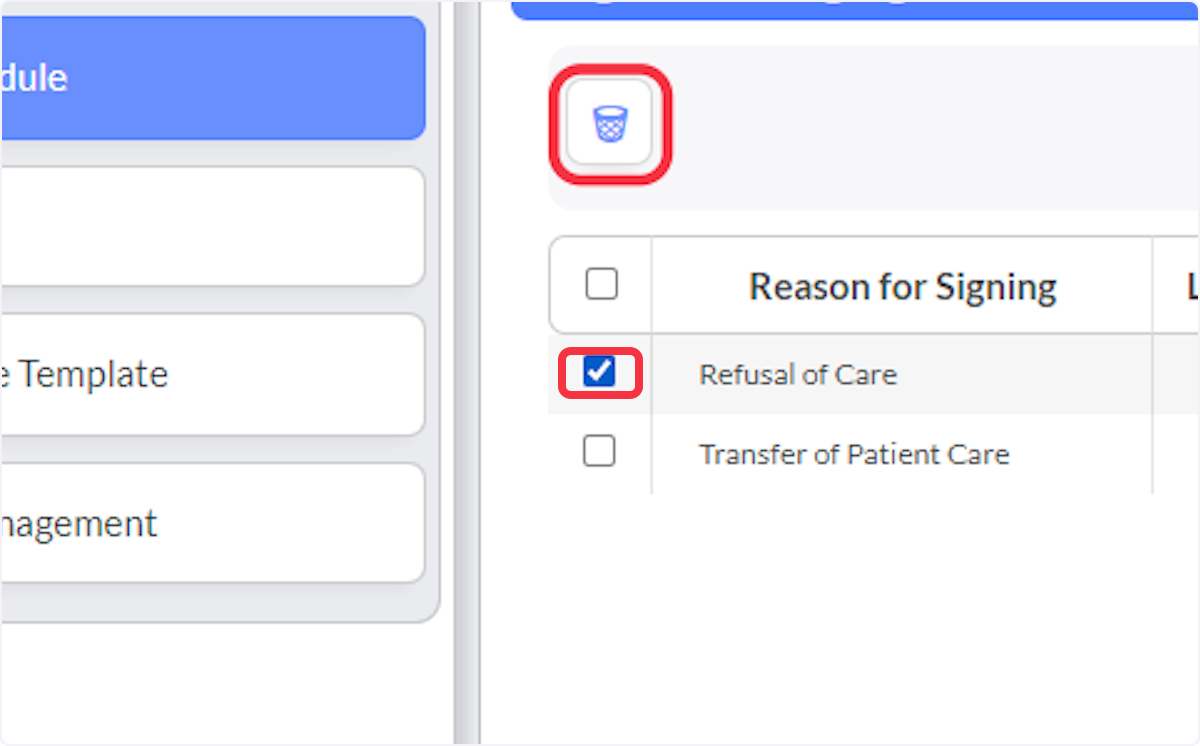 To delete one or more signature texts, select the corresponding check marks, then click the trash can icon.
