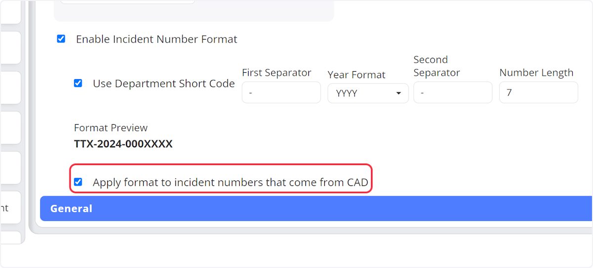Select this box if you wish to apply format to incident numbers that come from CAD.