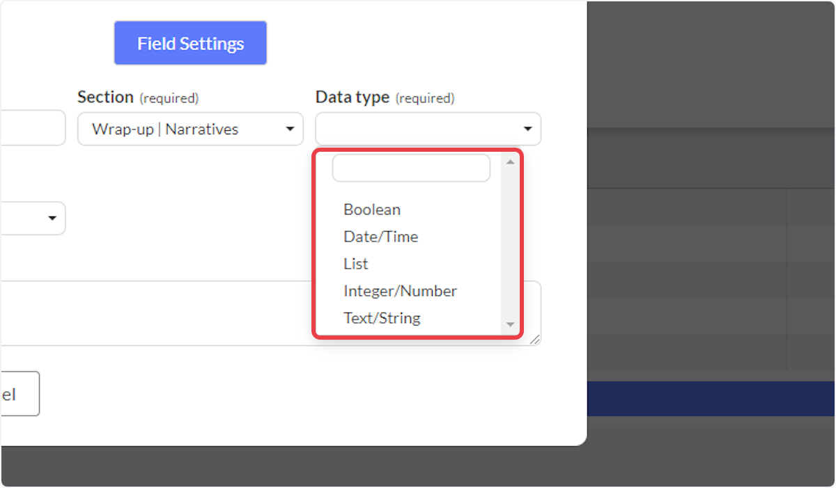 Choose the field data type.