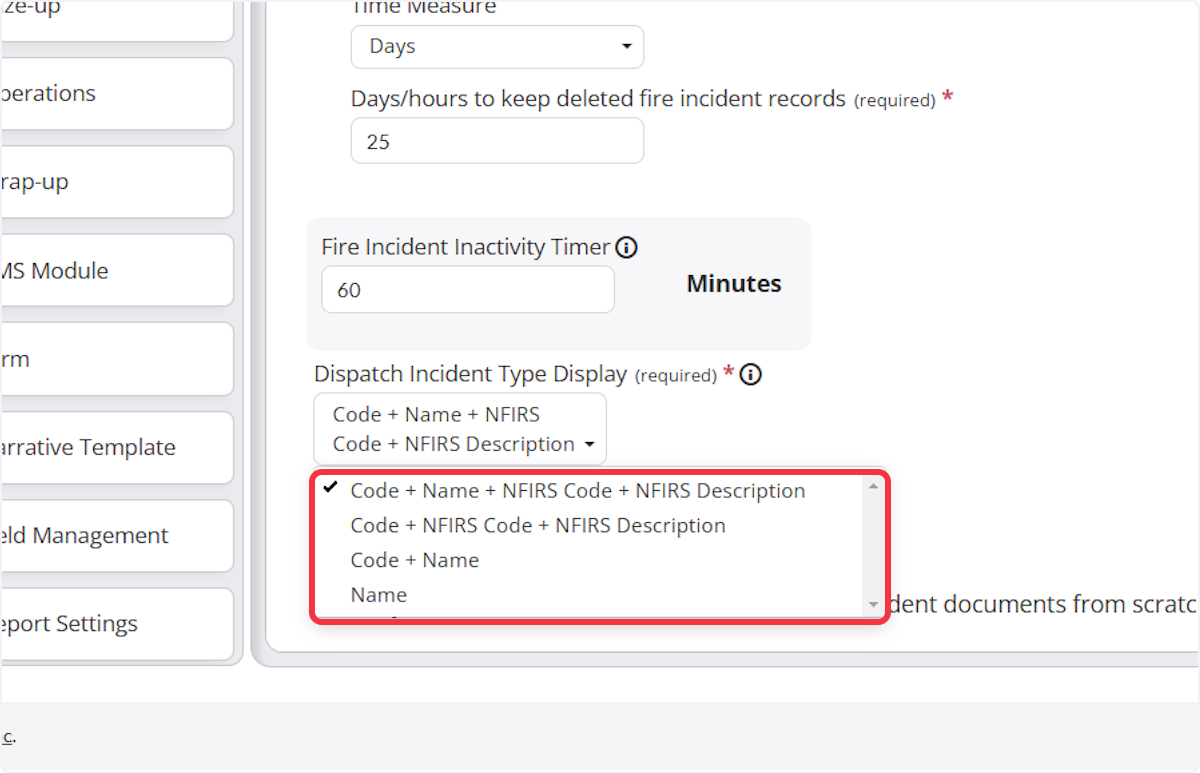 Using the dropdown you are able to select how the dispatch incident type will display.
