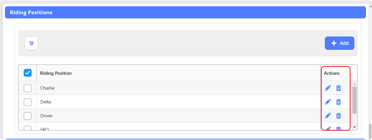 From the Actions you are able to edit or delete existing riding positions.