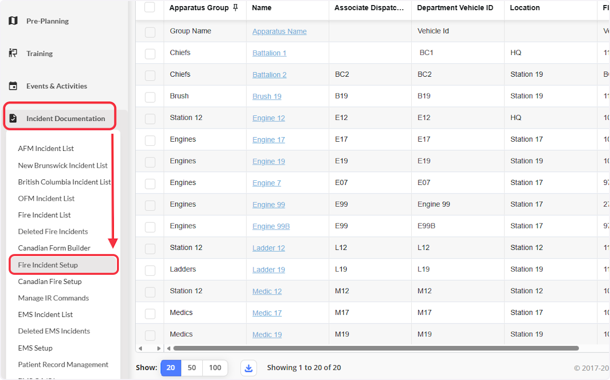 Click on Incident Documentation and scroll down to click on Fire Incident Setup.