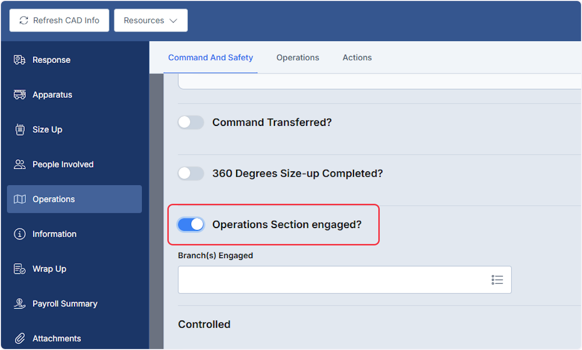 When completing a fire incident report engage the Operation Section.