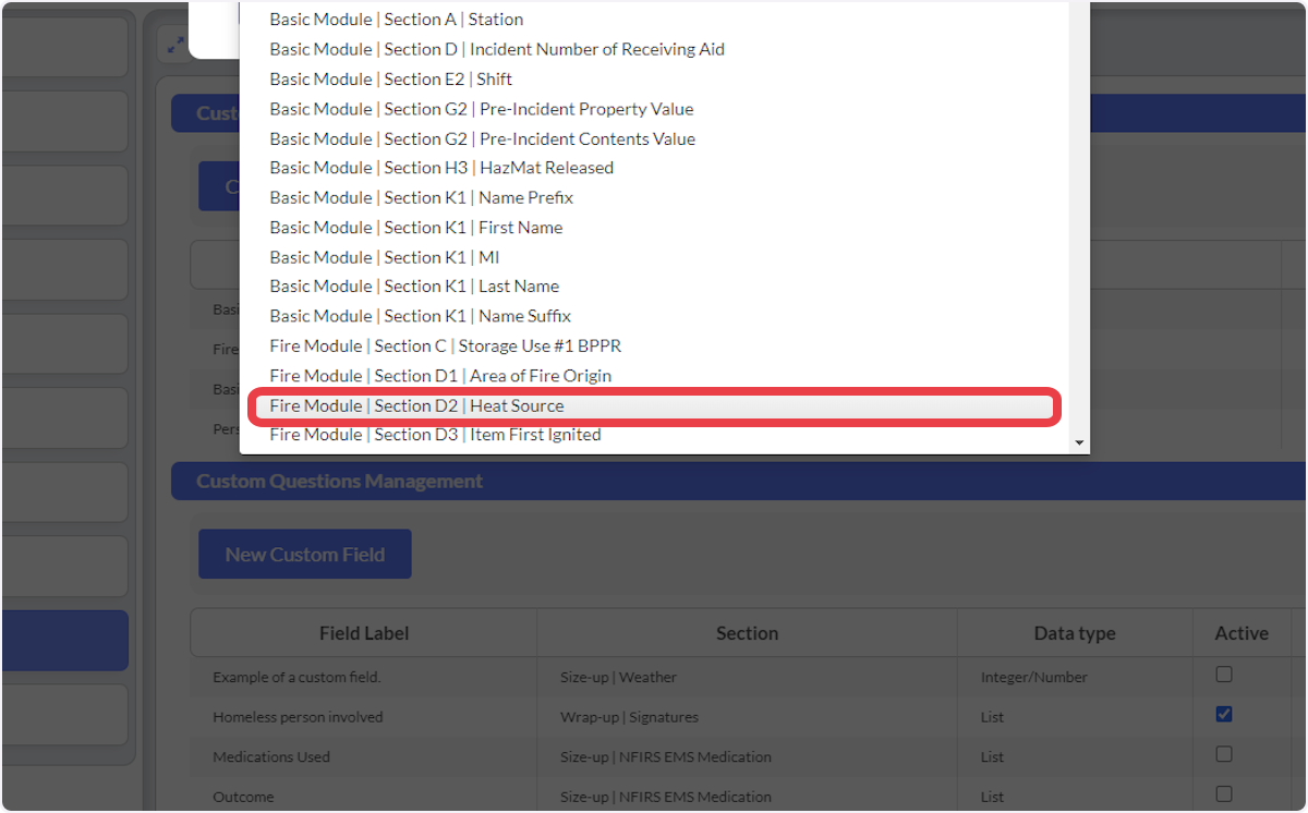 Select an NFIRS field to customize
