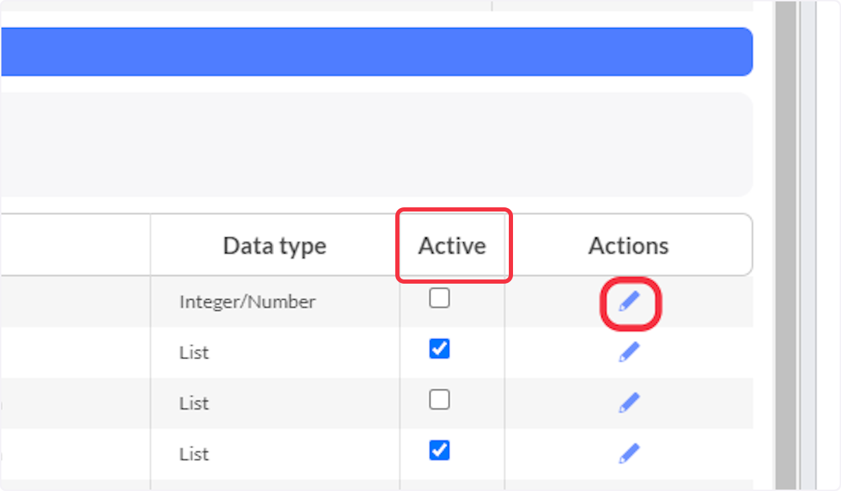 Custom fields can be activated or deactivated without the need to delete. Also, custom fields can be edited under the actions column.