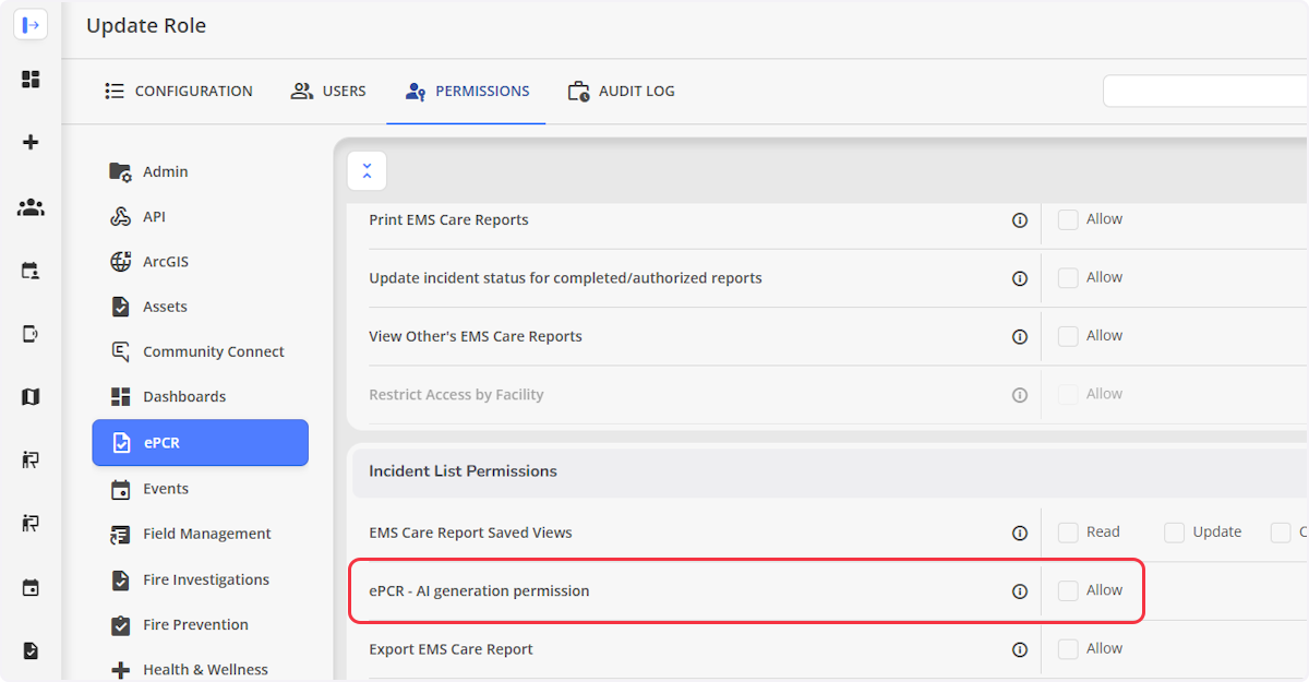 Navigate to the Incident List Permission and locate ePCR - AI generation permission and select Allow.
