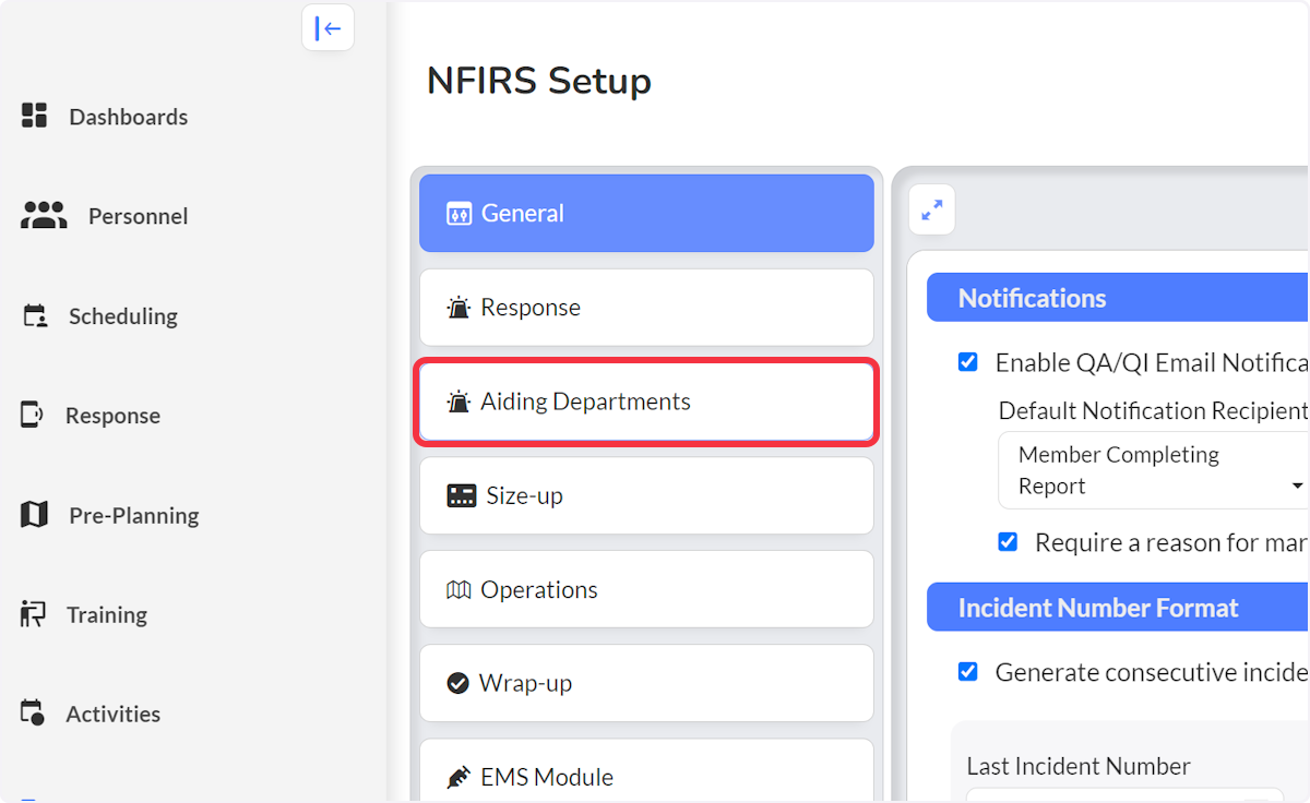 Select Aiding Departments to add a new or edit any existing departments.