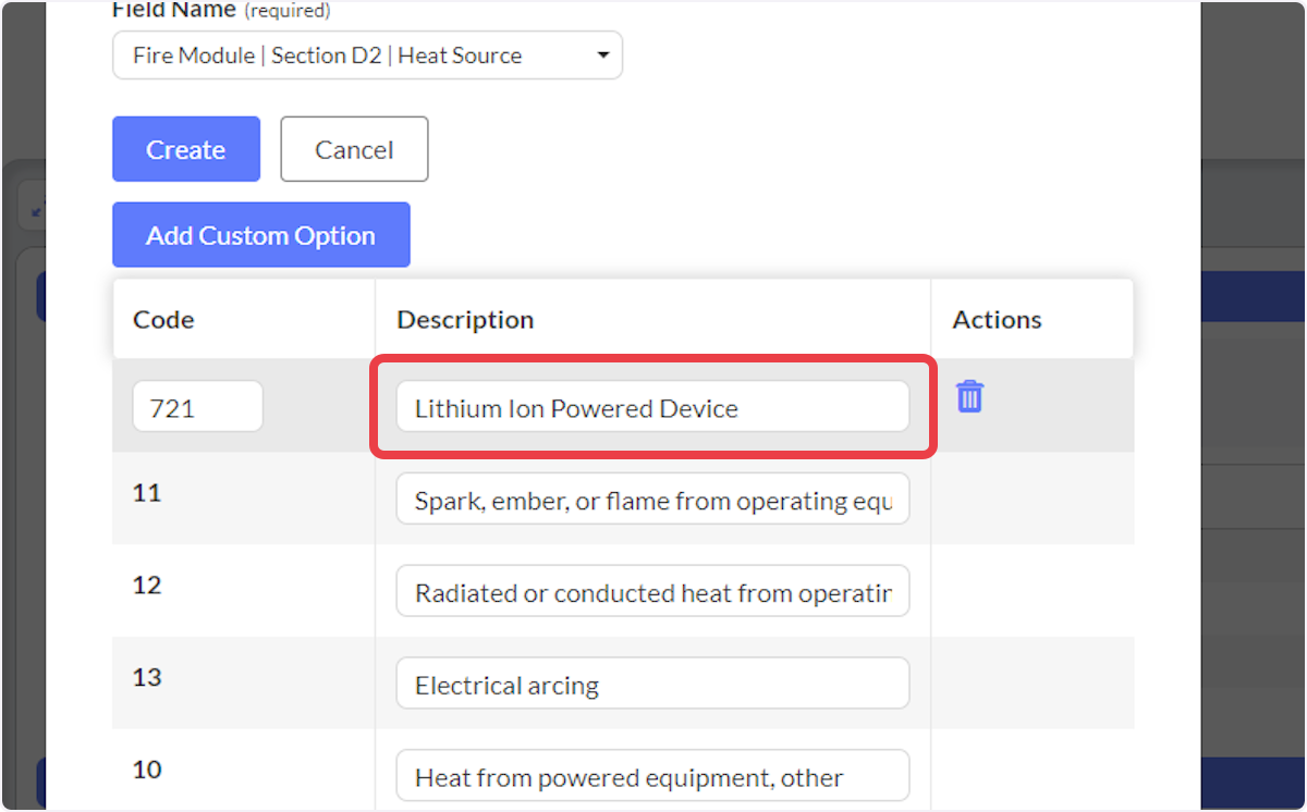 Add a custom code and description.