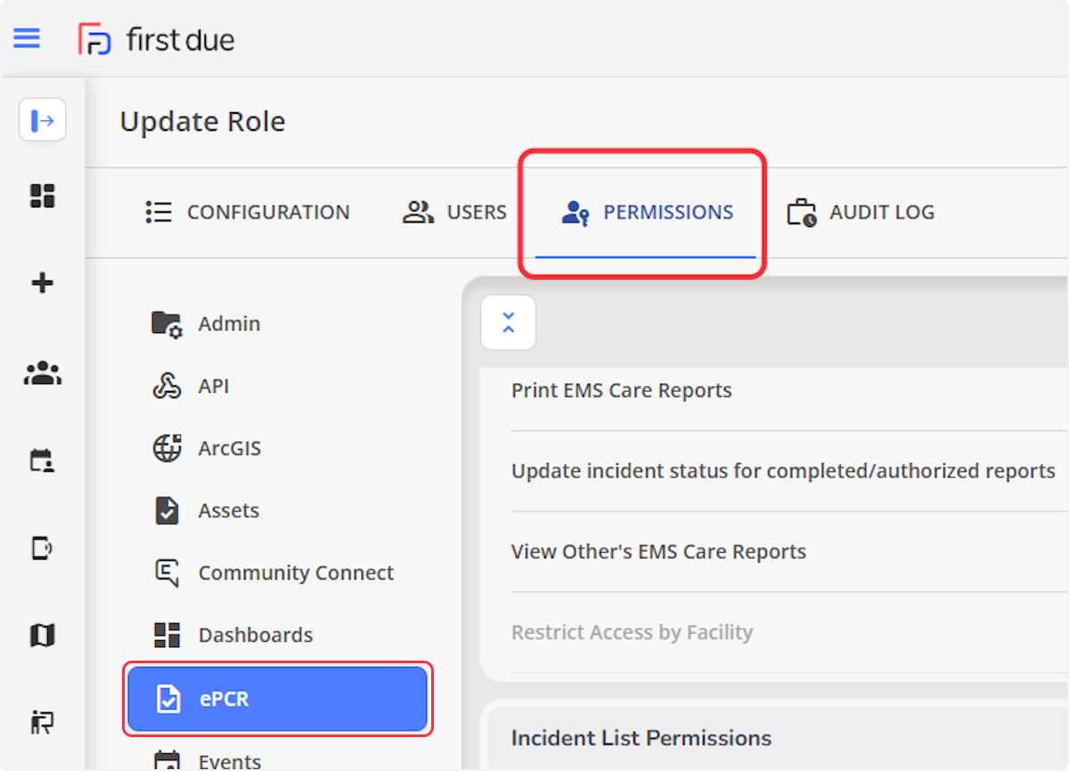 From the Permissions tab select on ePCR.