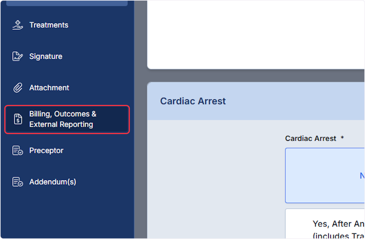 Inside an ePCR, Click on Billing, Outcomes & External Reporting.