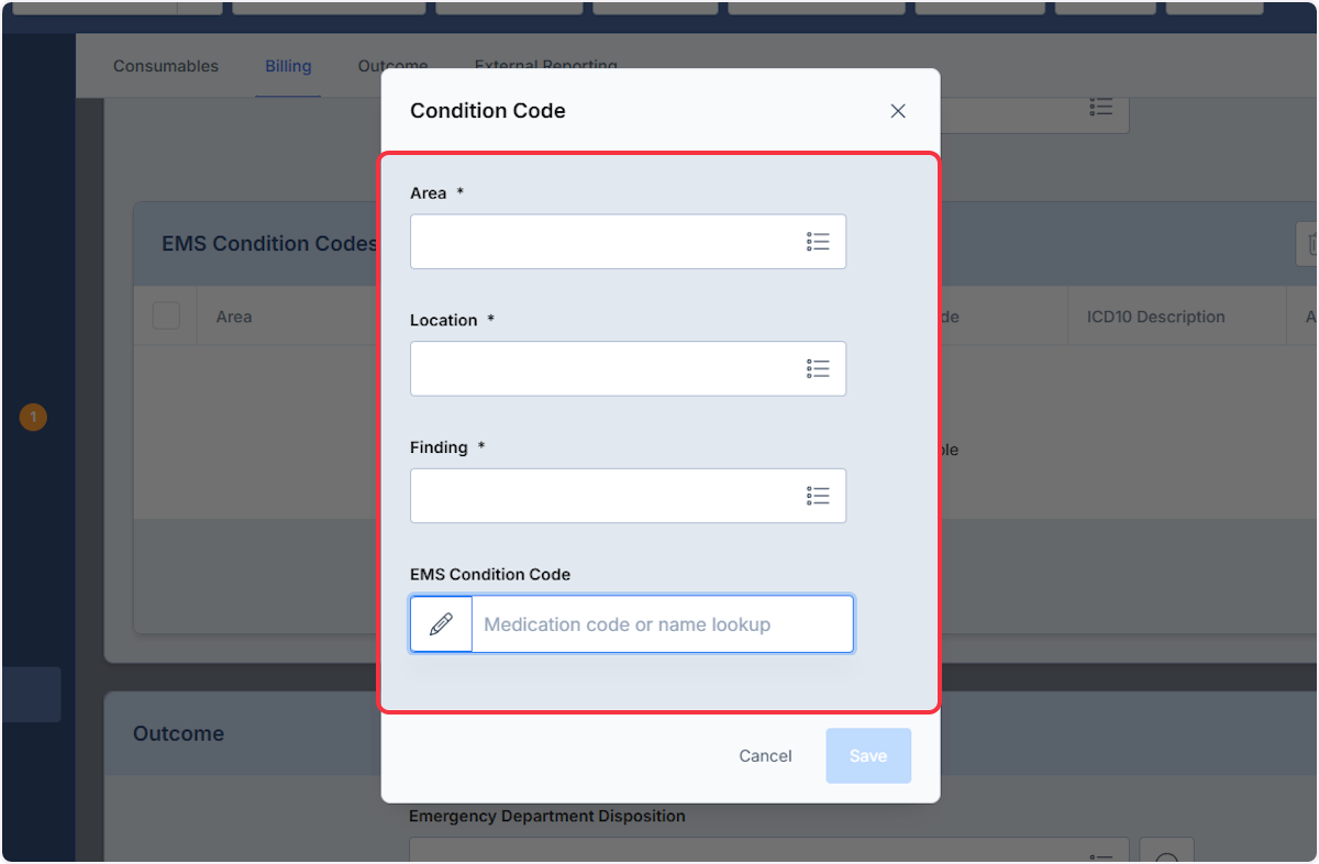 The Area, Location and Finding fields will offer options for selection and the EMS Condition Code field will allow searches for a Mediation code or name lookup.