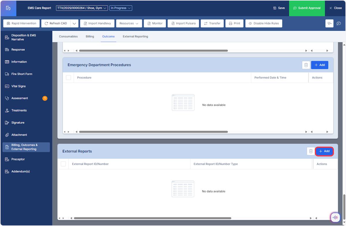 The External Reporting section of Billing, Outcomes & External Reporting allows external reports to be identified or attached to the ePCR. Select the Add button to include an external report.
