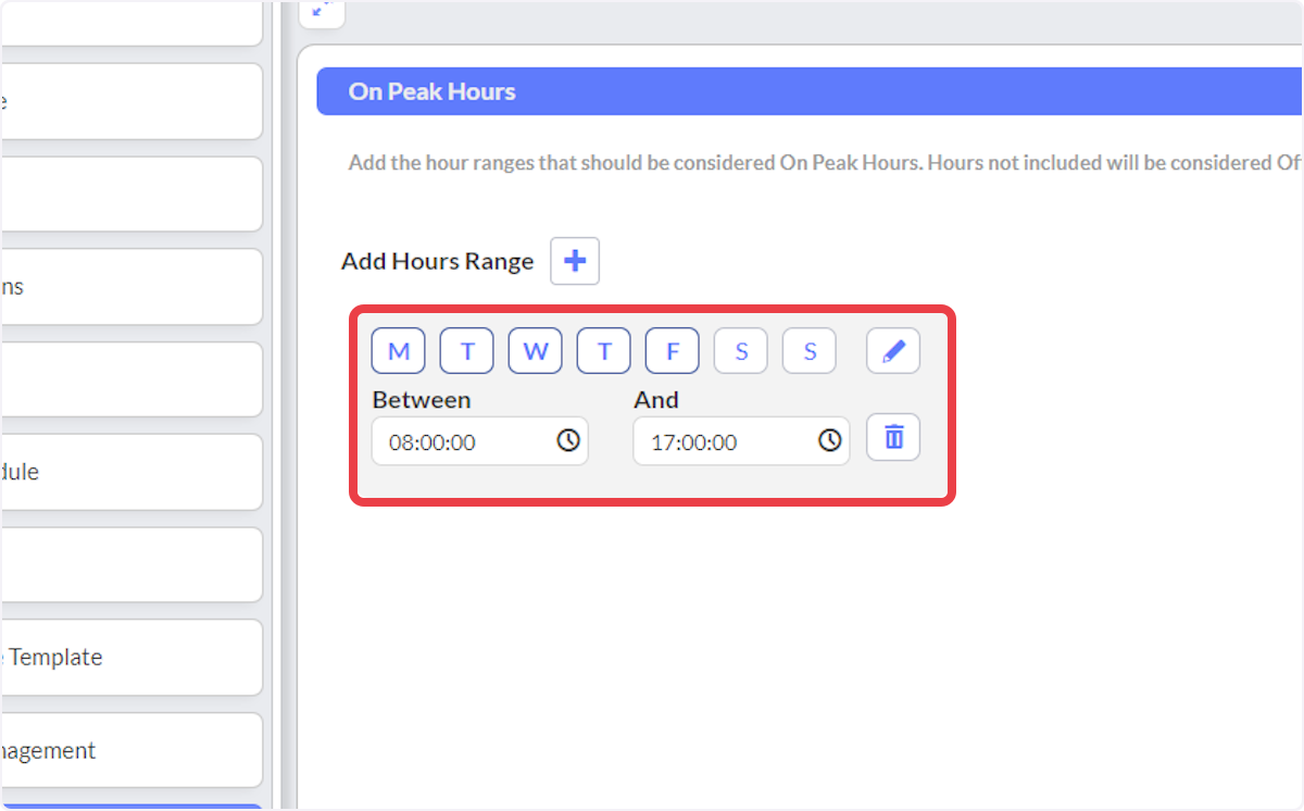 The default Peak Hours are set to between 8am and 5pm Monday - Friday.