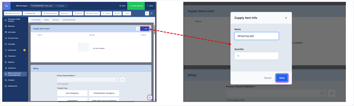 The Consumables section of Billing, Outcomes & External Reporting is used to document any consumable items and quantities used on an incident. Select the ADD button to document what Supply Items were used, the quantity and the select Save.