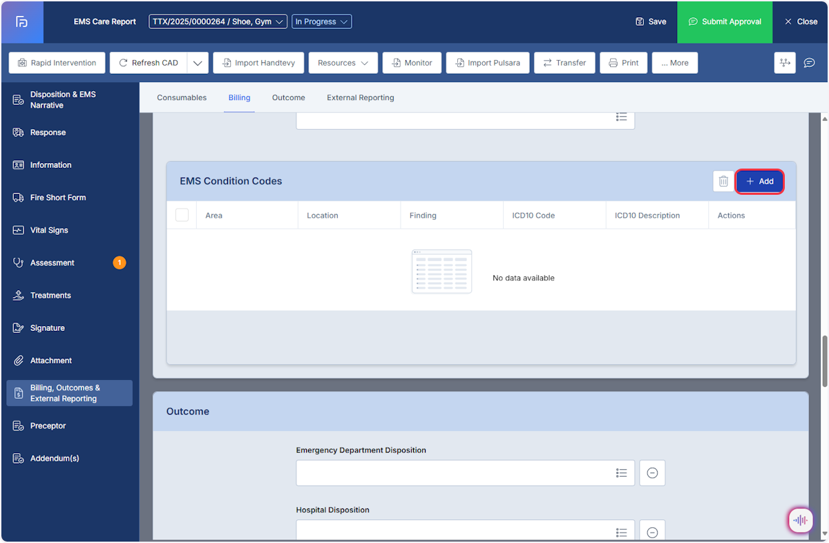 EMS Condition Codes can also be documented in this section. Select the Add button to add a new entry.