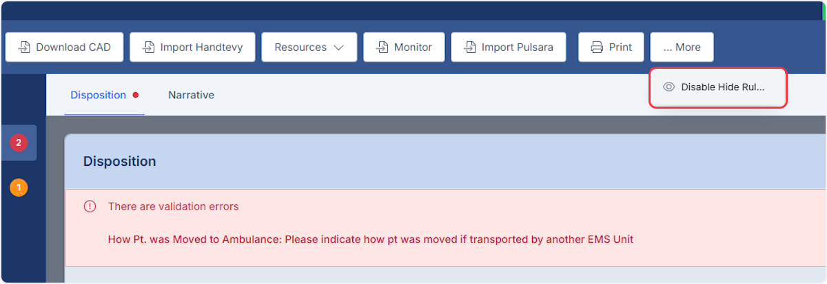 Pending on the number of buttons within your toolbar you may not see the Disable Hide Rules. Selecting the ...More button will show the Disable Hide Rules.