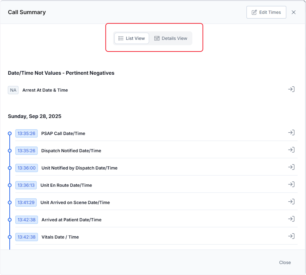 When selected a Call Summary modal will appear with two views, List or Details.