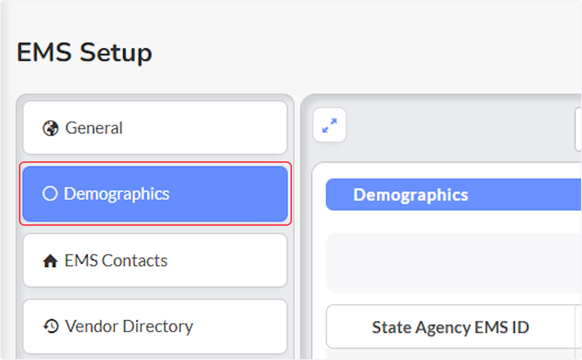From EMS Setup select Demographics