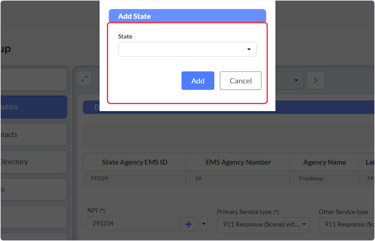 Utilizing the dropdown to select your state then select Add.
