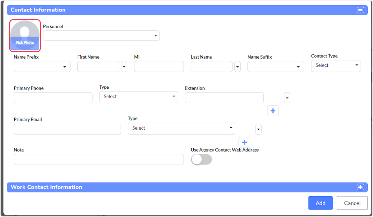 You are able to upload a photo of the EMS contact by selecting on Pick Photo.