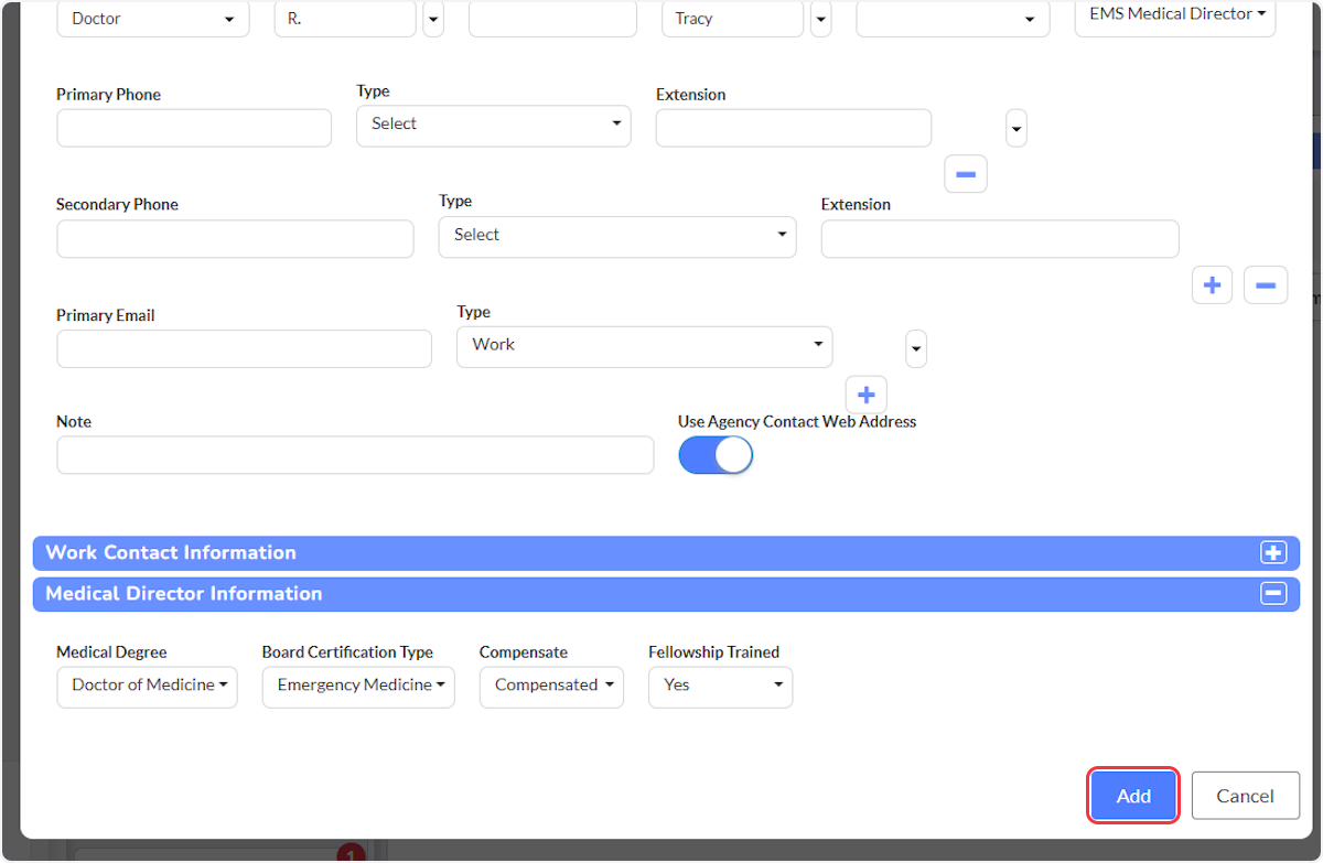 To finalize and created the new EMS Contact select Add.