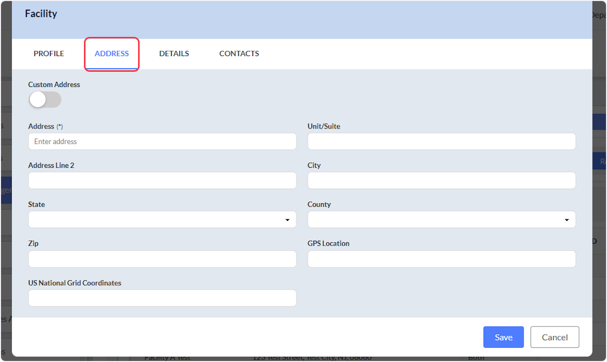 From the Address tab within the Facility modal.