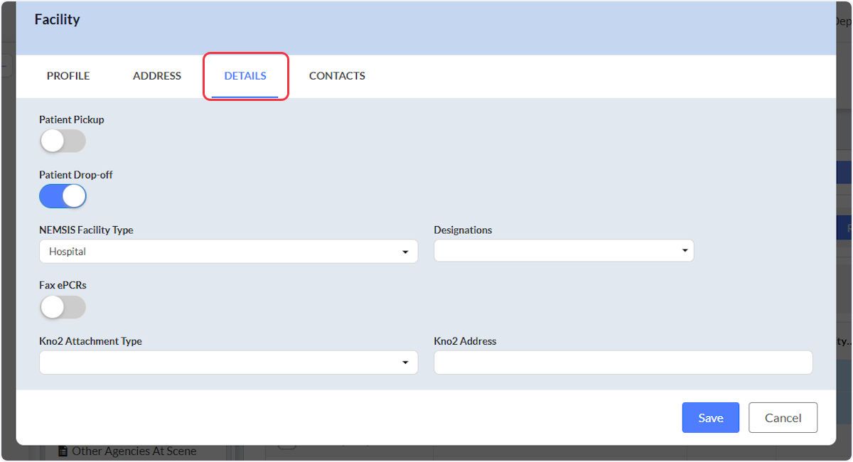 From the Details tab within the Facility modal.