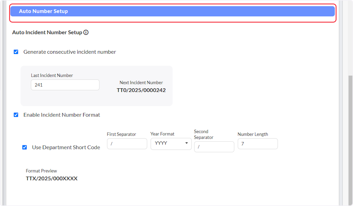 Scroll down the page to find the Auto Number Setup.