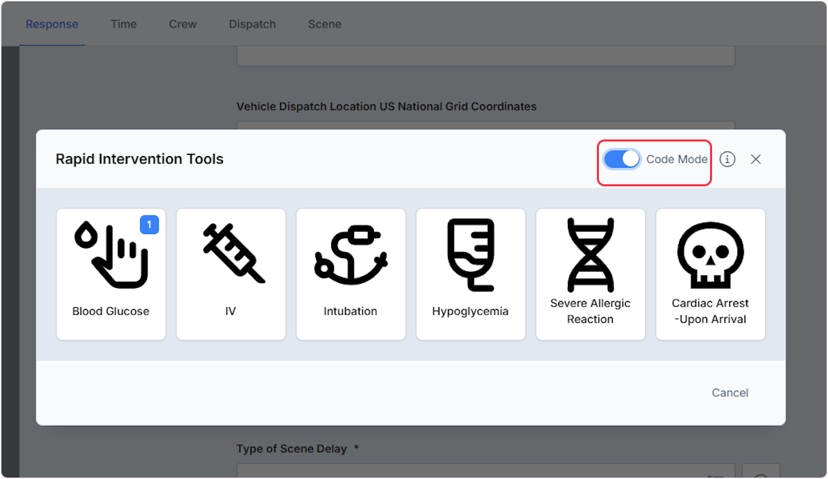 Enabling the Code Mode allows you to quickly timestamp the tool and allows you to add information at a later time.