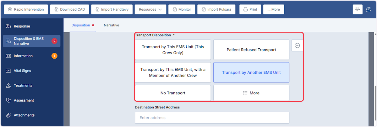 From within the ePCR when the Transport by Another  EMS Unit is selected within the Transport Disposition is selected