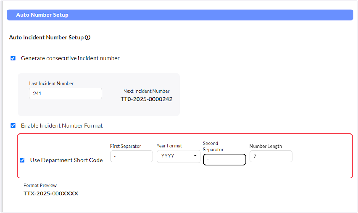 When enabled your incident numbers will begin will your departments short code rather than the year format.