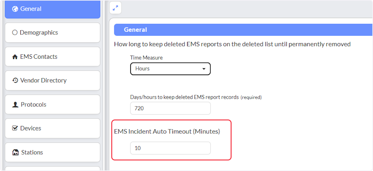 Set a number in minutes that will remove someone from the ePCR if they remain idle on the screen when documenting.