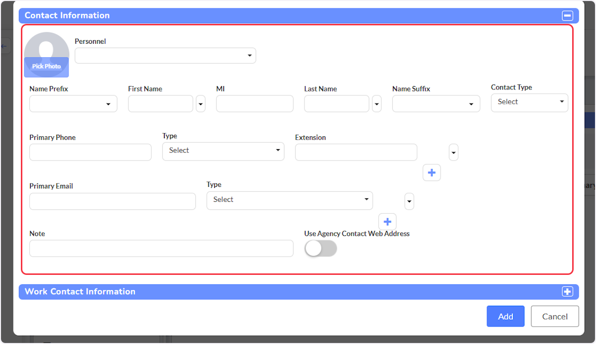 A Contact Information modal will populate to gather pertinent contact information.