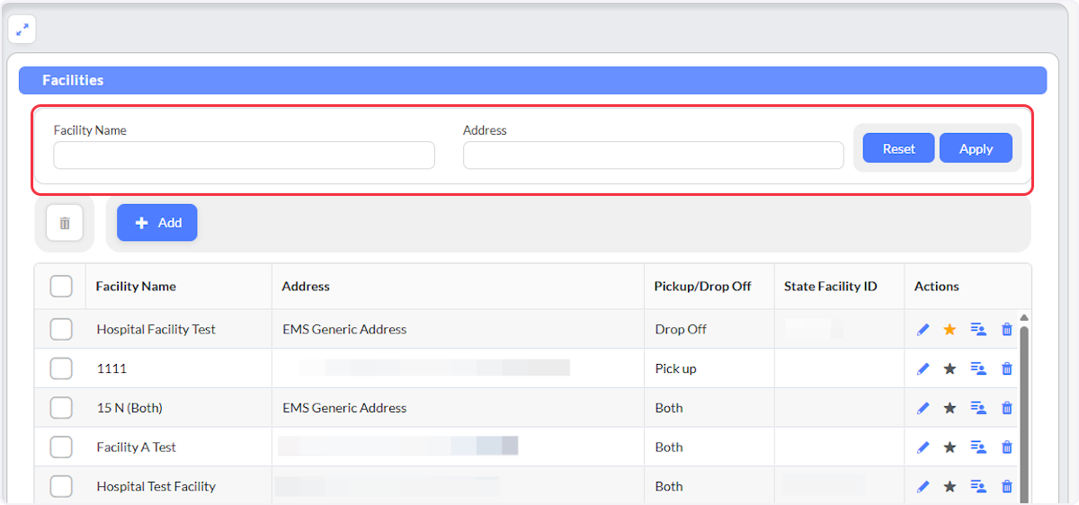 You are able search any existing Facility by the Facilities Name or Address then select Apply.