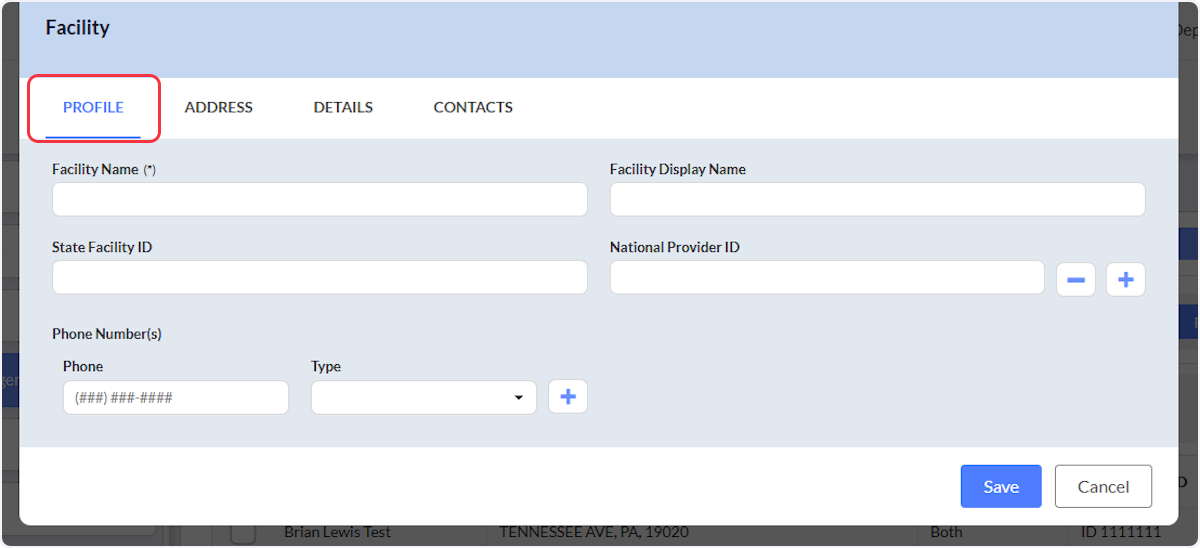 From the Facility Modal select the Profile tab.