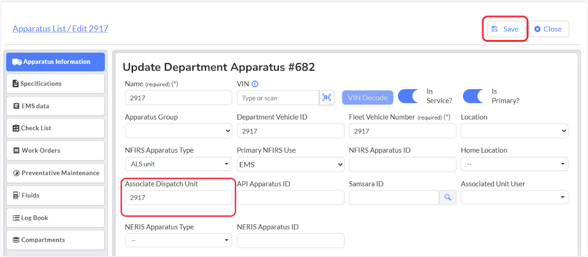 Now enter information into the Associate Dispatch Unit and select Save.