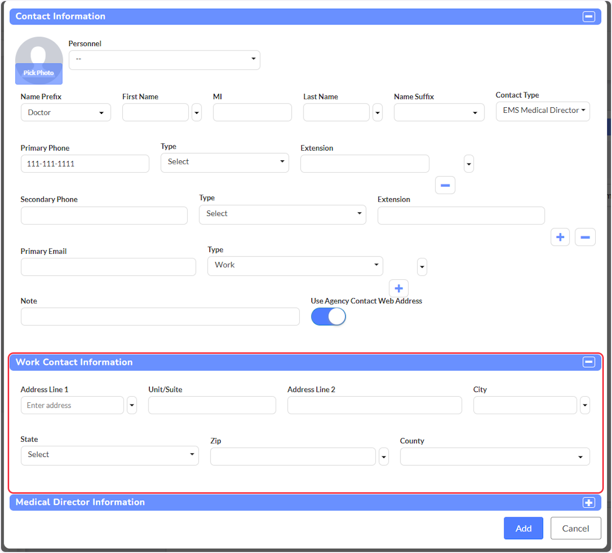 Select on the plus icon to expand the Work Contact Information section.