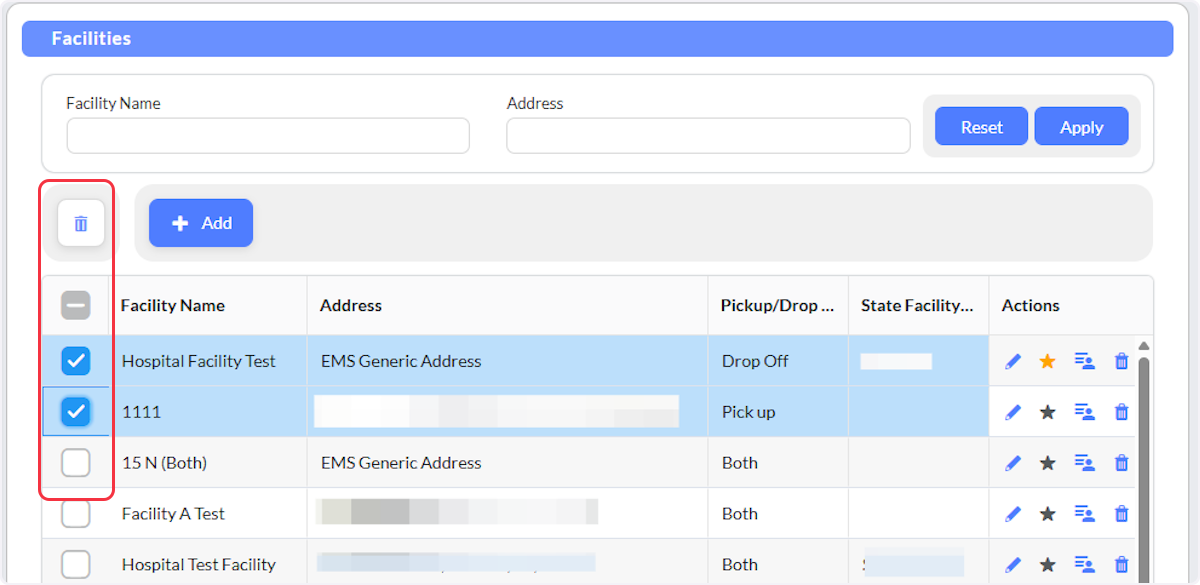 By utilizing the check boxes you are able to bulk delete facilities.
