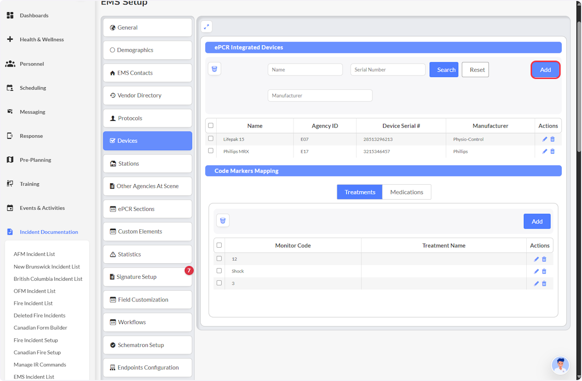 Under the ePCR Intergrated Devices section, Click on Add