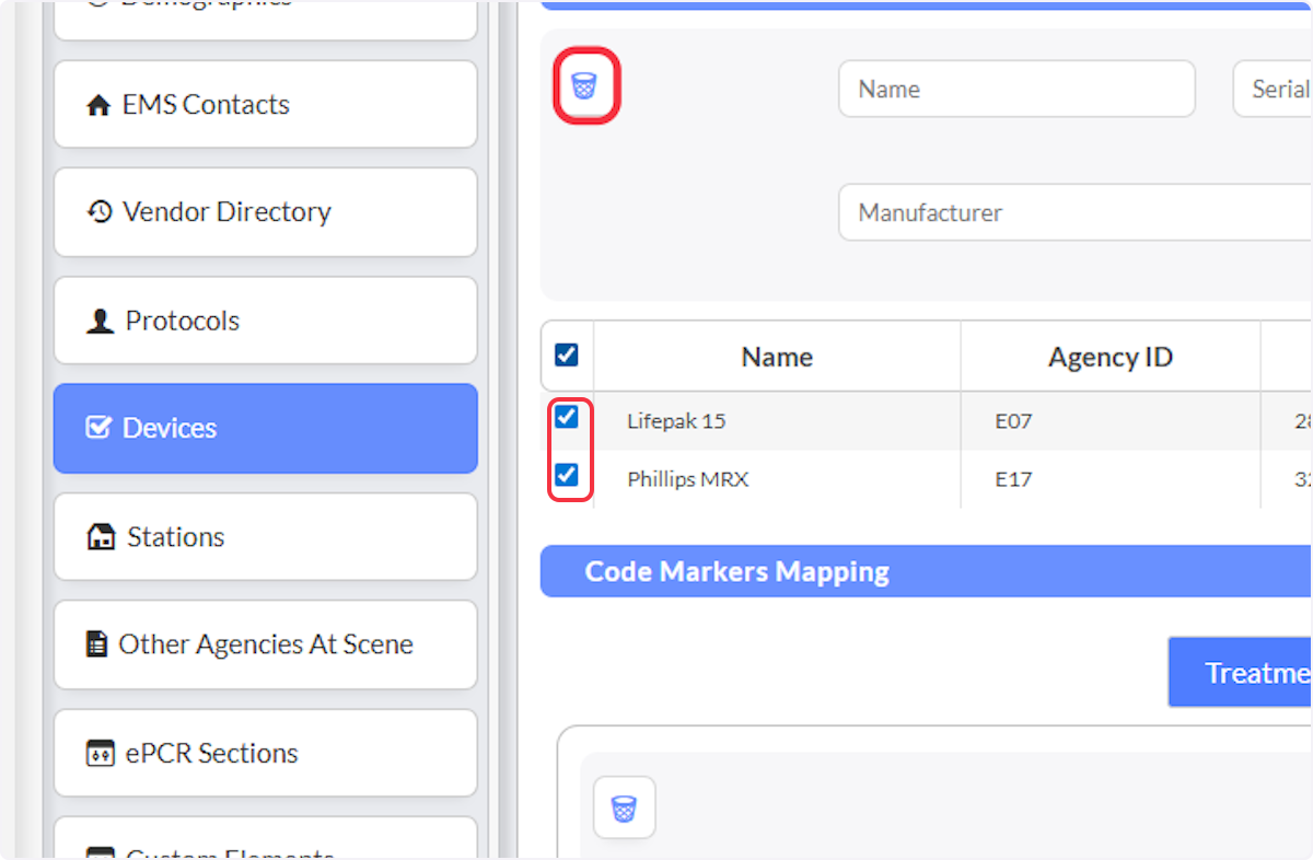Bulk deletion can be accomplished by selecting the devices you want to delete and select the delete icon on the top section of the table.
