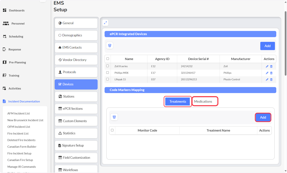 To set Code Marker Mapping, Click on Treatments or Medications and select Add.